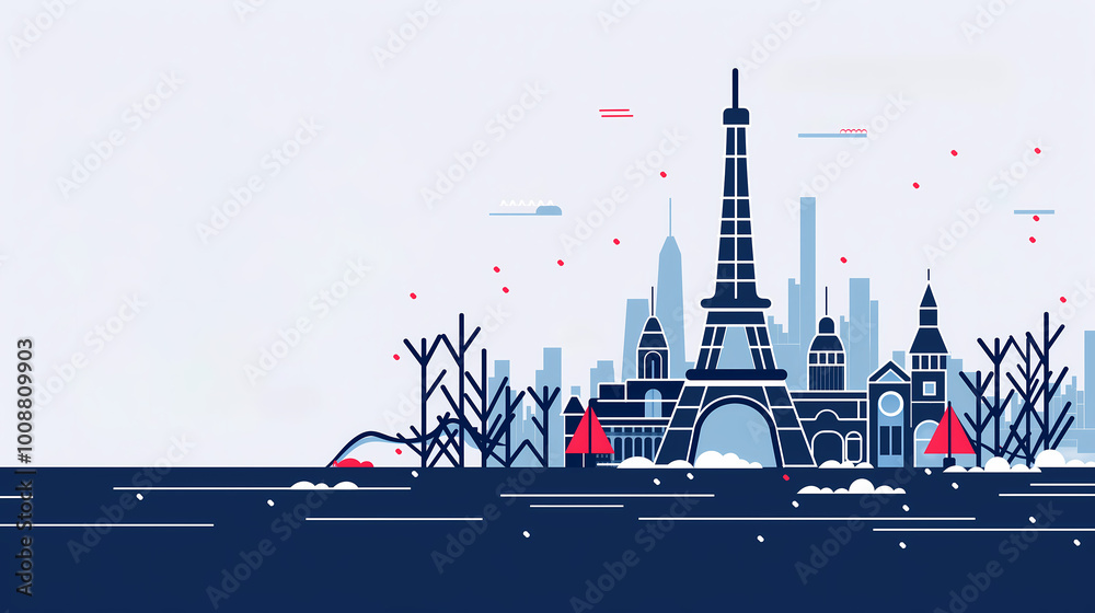 Obraz premium Winter skyline featuring the Eiffel Tower and cityscape, showcasing a serene scene with snow and bare trees