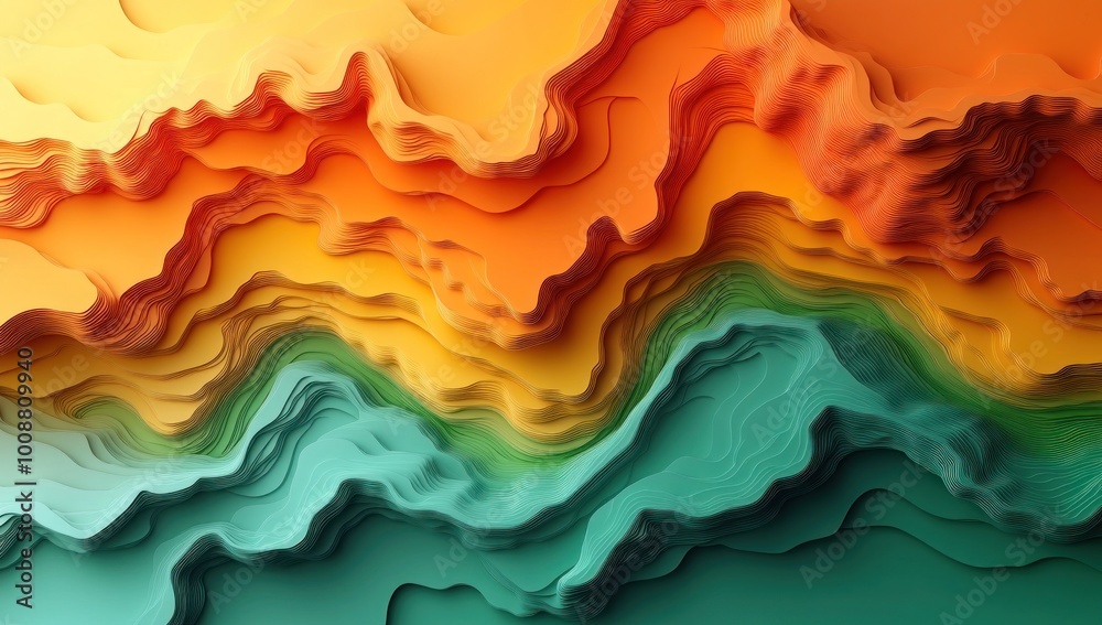 Abstract Landscape of Wavy Layers in Orange, Green and Teal Abstract Landscape of Wavy Layers in Orange, Green and Teal