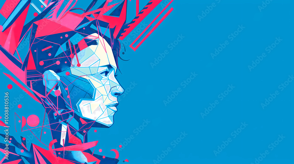 Vibrant abstract digital art featuring a geometric human profile on a vivid blue background with bold colors and intricate designs