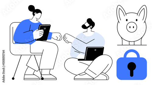 Two people interact with devices suggesting collaboration. Piggy bank represents financial savings. Lock symbolizes security. Ideal for financial management, online security, digital collaboration