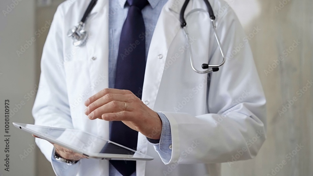 Doctor man wearing lab coat and stethoscope using tablet computer in hospital. Medicine and science Doctor man wearing lab coat and stethoscope using tablet computer in hospital. Medicine and science