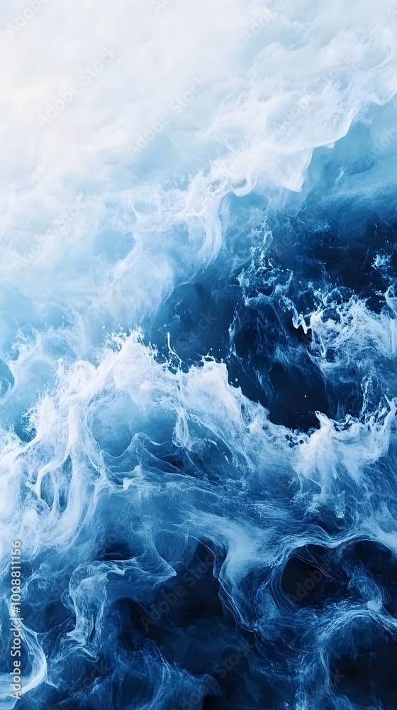Fototapeta premium Abstract blue and white fluid background, swirling shapes in shades of oceanic blues and greens, creating an otherworldly atmosphere