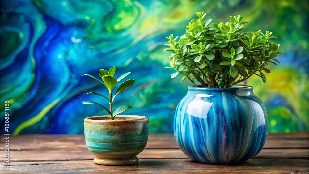 A Miniature Garden in Vibrant Hues Two potted plants with lush green foliage bloom against a backdrop of swirling blue and green abstract art, creating a visual symphony of nature's beauty. A Miniature Garden in Vibrant Hues Two potted plants with lush green foliage bloom against a backdrop of swirling blue and green abstract art, creating a visual symphony of nature's beauty.