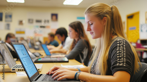 adult caucasian education students using laptop in classroom