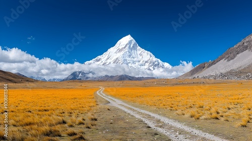 Majestic snowy mountain peaks reaching towards the sky shrouded in dramatic rolling clouds creating a breathtaking and scenic landscape Rugged remote and untouched wilderness adventure