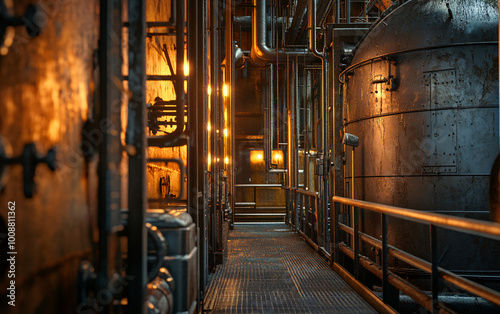 Aged oil refinery tanks and pipelines in a large-scale industrial facility, showcasing rusted infrastructure and machinery for energy and fuel production in a petrochemical plant