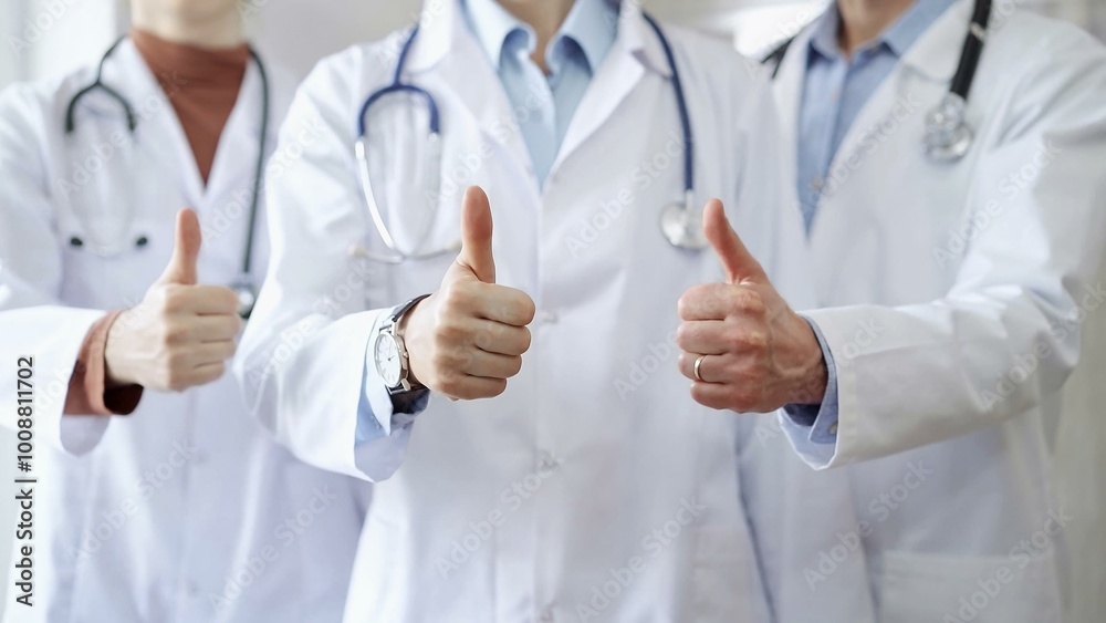 Group of doctors are are standing and showing thumbs up in hospital corridor. Medicine excellent service Group of doctors are are standing and showing thumbs up in hospital corridor. Medicine excellent service