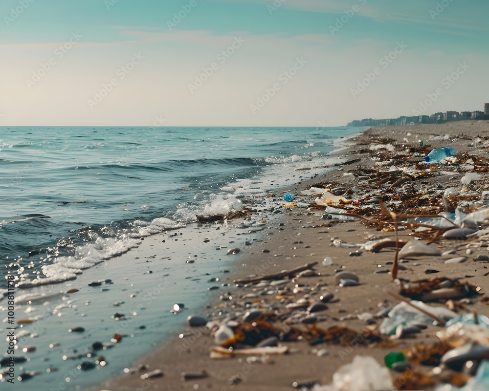Polluted Beach Shoreline with Plastic Debris Highlighting Global Warming Crisis Polluted Beach Shoreline with Plastic Debris Highlighting Global Warming Crisis