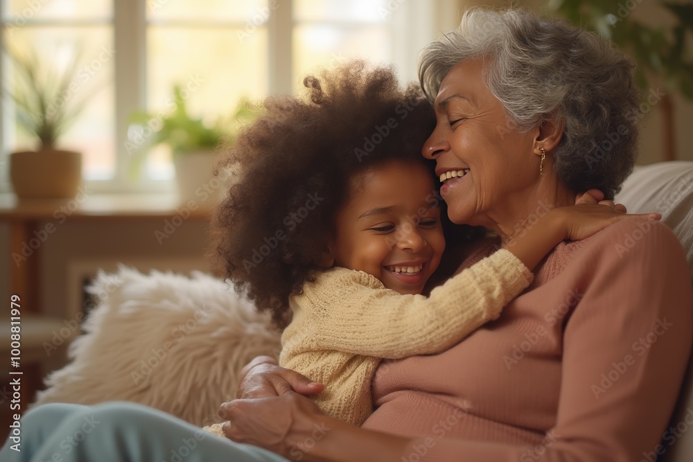 Loving grandmother hugging granddaughter at home, showing family bond and intergenerational love Loving grandmother hugging granddaughter at home, showing family bond and intergenerational love