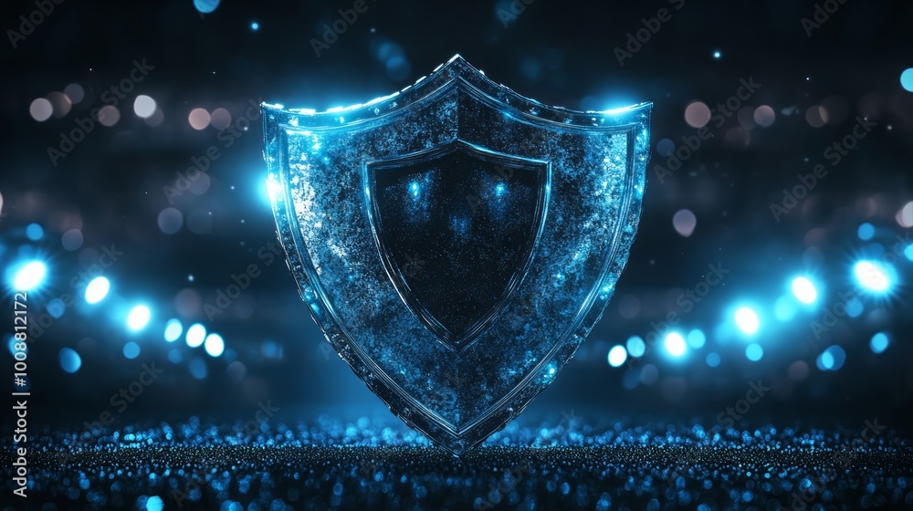 Fototapeta premium A glowing blue shield stands on a dark background with sparkling lights.
