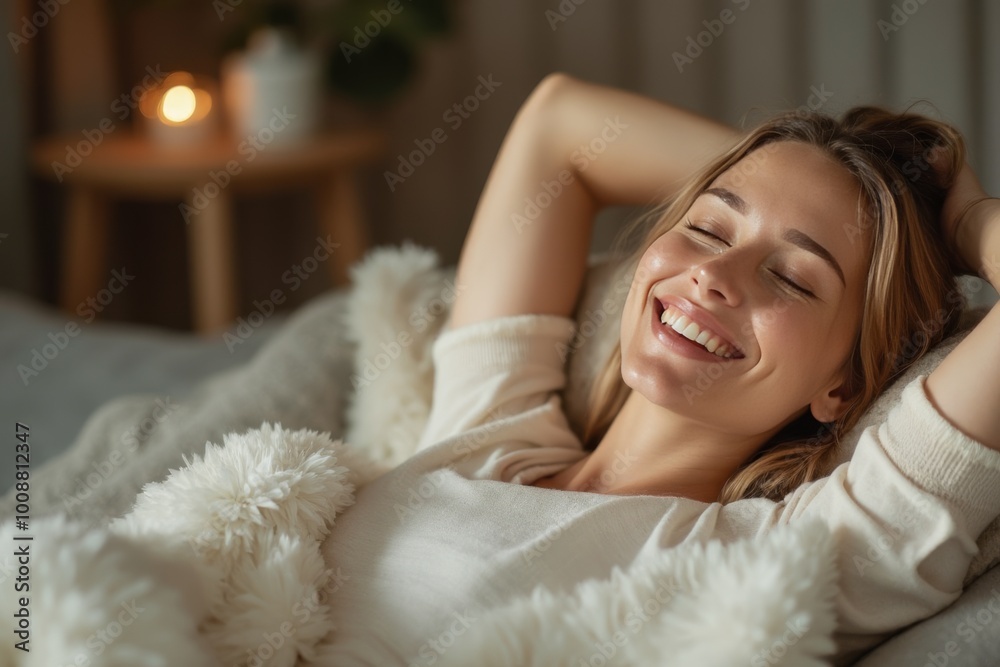 Smiling woman relaxing at home with cozy blanket in a peaceful setting Smiling woman relaxing at home with cozy blanket in a peaceful setting