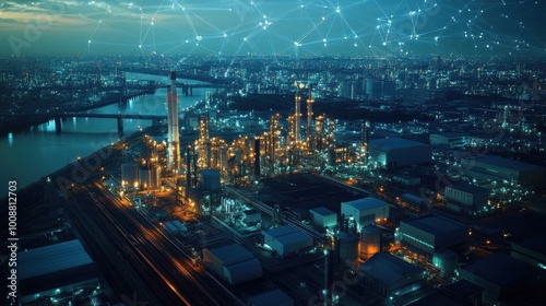 Aerial drone view of an industrial zone, merged with communication network visuals, showcasing the fusion of industry and technology.