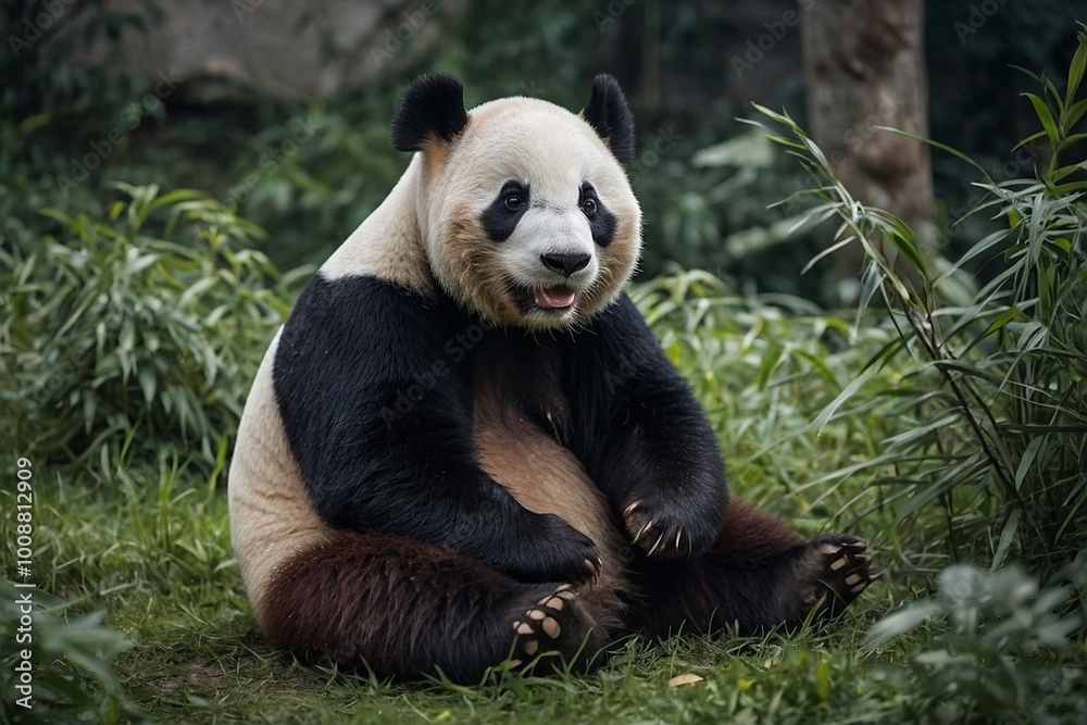 Fototapeta premium Happy giant panda sitting on the ground and smiling in the green backyard generative AI