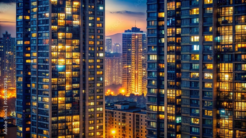 Obraz premium An Evening Panorama of Illuminated Urban Towers, Capturing the Subtle Glow of Residential Windows and the Urban Skyline's Intricate Geometry