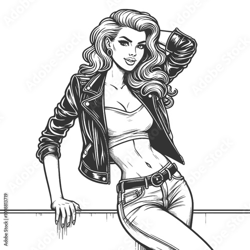 fashionable woman in a leather jacket, exuding confidence and edgy style with a casual pose sketch engraving generative ai vector illustration. Scratch board imitation. Black and white image. photo