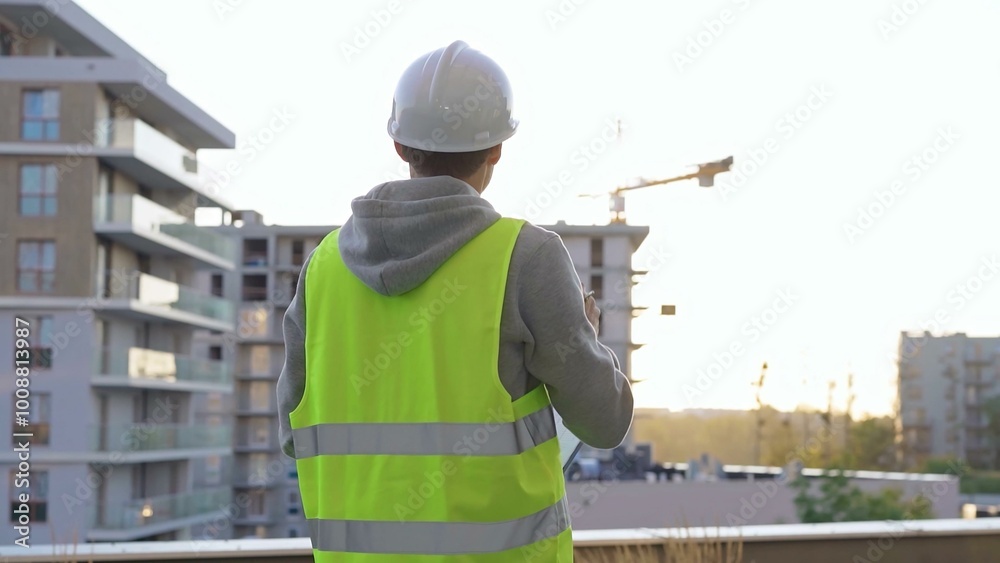 Male constructive engineer with a white protective helmet and safety vest is writing on a clipboard while inspecting a construction site at sunset. Architect concept Male constructive engineer with a white protective helmet and safety vest is writing on a clipboard while inspecting a construction site at sunset. Architect concept