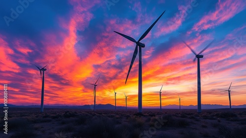 A clean energy wind farm at sunset, with wind turbines spinning against a colorful sky, showcasing the beauty and potential of renewable energy sources.