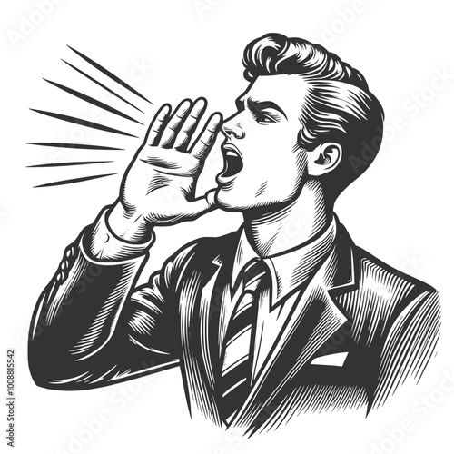 Businessman in suit shouting with his hand to his mouth, urgency or announcement sketch engraving generative ai fictional character vector illustration. Scratch board imitation. Black and white image.