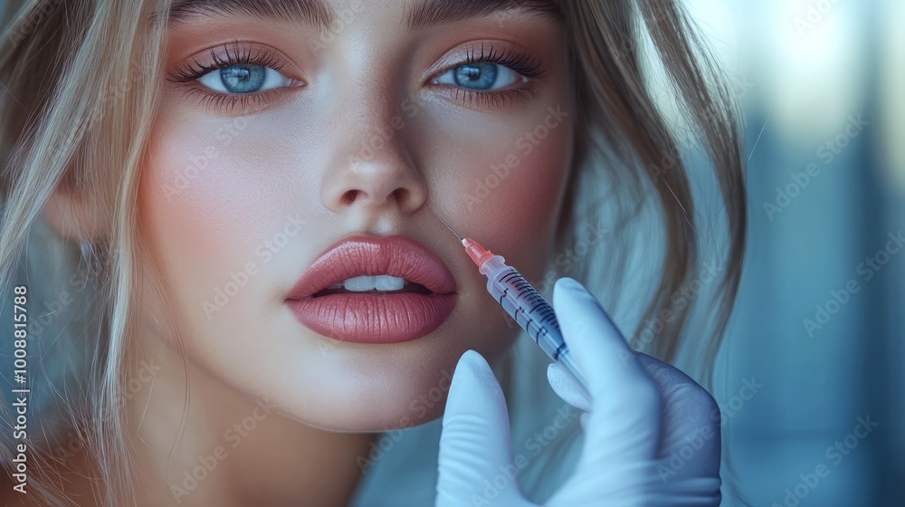 Close up of a young woman receiving a lip injection. Close up of a young woman receiving a lip injection.