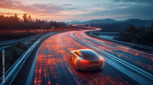 A highway drive in a high-tech setting, encircled by glowing digital waves, showcasing cutting-edge auto safety technology and the future of road safety.