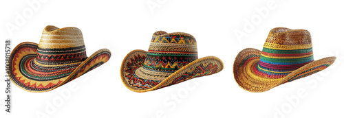 Colorful Traditional Straw Hats on Transparent Background