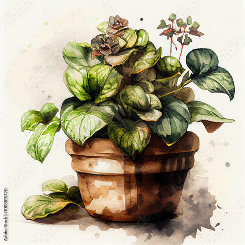Detailed watercolor painting of a house plant with flowers in a pot. The artwork captures the essence of indoor gardening and botanical beauty
