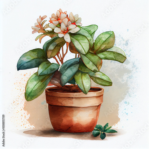 High-detail watercolor style illustration of a house plant with blooming flowers in a pot, showcasing artistic design and natural beauty