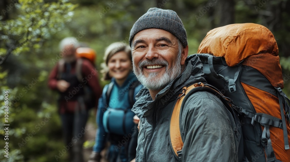 A man who is carrying a backpack is smiling joyfully while hiking in the woods A man who is carrying a backpack is smiling joyfully while hiking in the woods