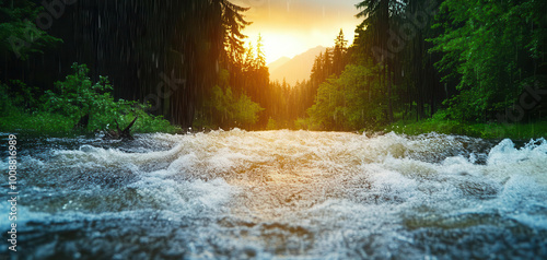 Obraz na płótnie Mountain River Rapids with Rain and Sunset w salonie