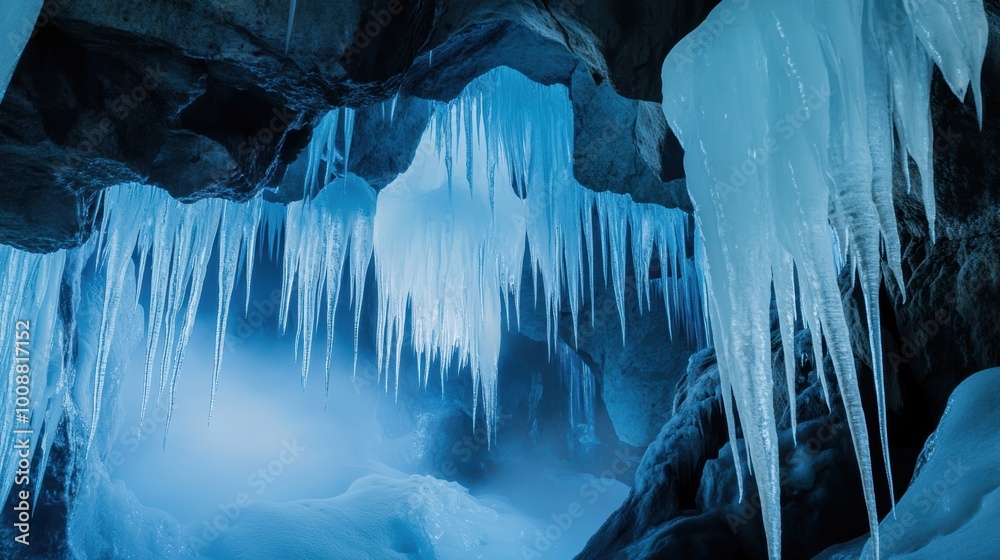 Glowing Blue Light in Icy Cave Interior Glowing Blue Light in Icy Cave Interior