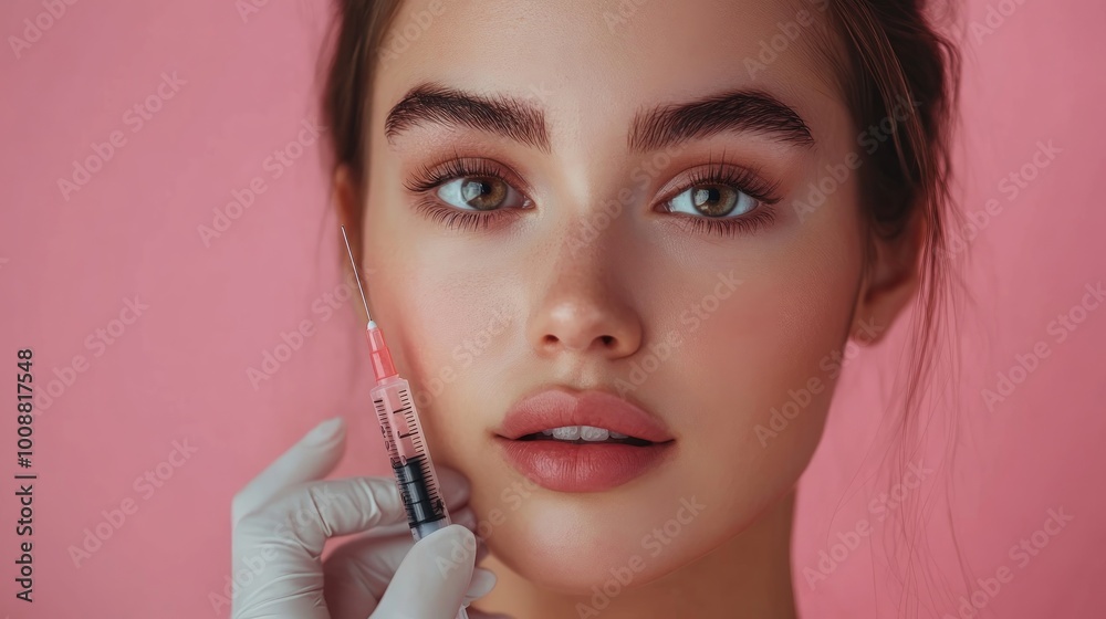 Close-up of a young woman receiving a facial injection with a needle, against a pink background. Close-up of a young woman receiving a facial injection with a needle, against a pink background.