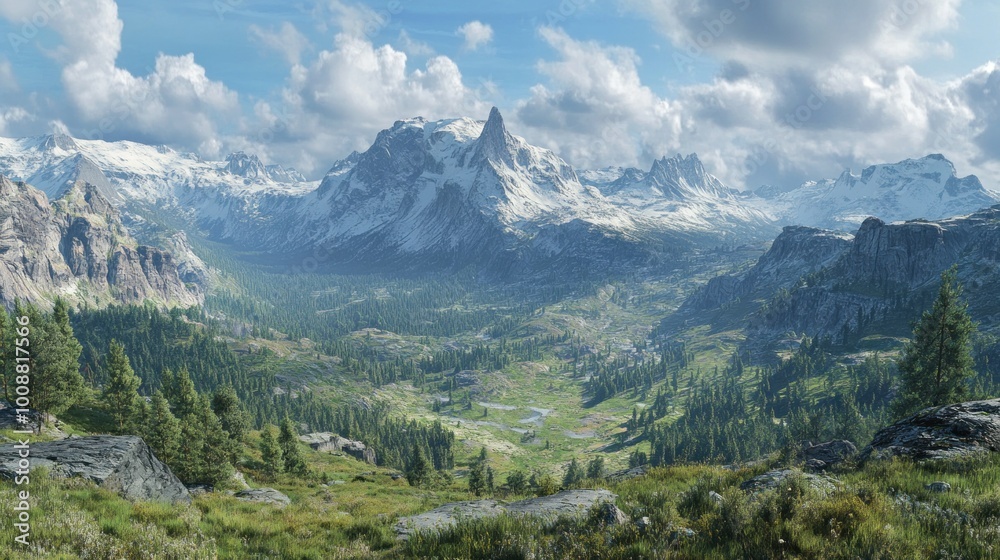 Fototapeta premium Mountain Valley with Snow-Capped Peaks and a Verdant Forest Floor