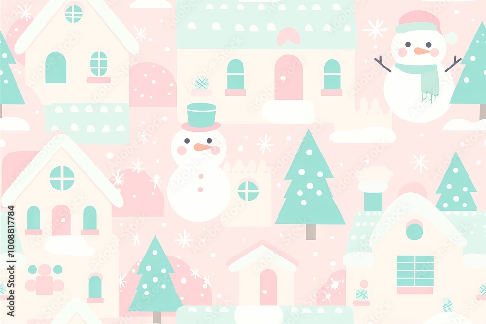 Fototapeta premium Cute winter wonderland pattern with snowmen & houses - Seamless Pattern 