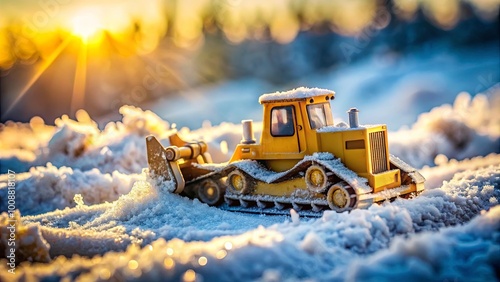 A miniature yellow bulldozer, a symbol of resilience and perseverance, braves the frosted expanse, a testament to the unyielding spirit of progress even in the face of winter's embrace. photo