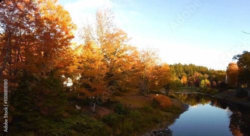  fall colors on the river, autumn trees reflected in water