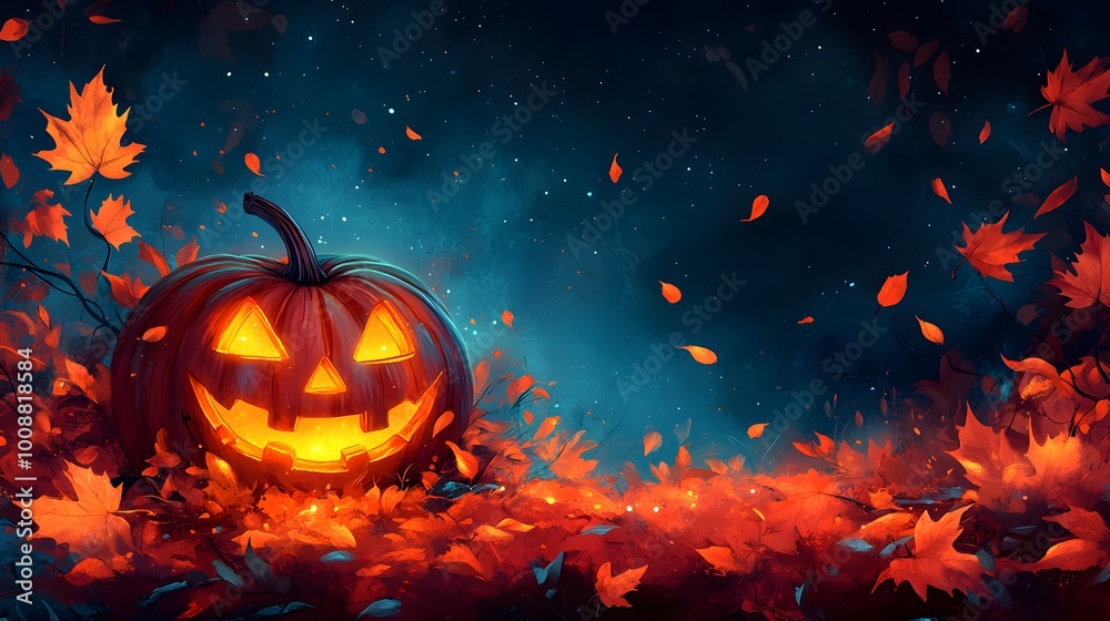 Playful jack-o-lantern glowing among autumn leaves, watercolor-style background capturing the Halloween fun Playful jack-o-lantern glowing among autumn leaves, watercolor-style background capturing the Halloween fun