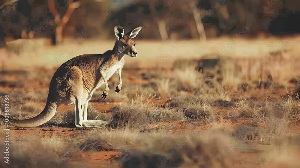 Kangaroo Hopping Through The Arid Australian Outback Landscape Kangaroo Hopping Through The Arid Australian Outback Landscape