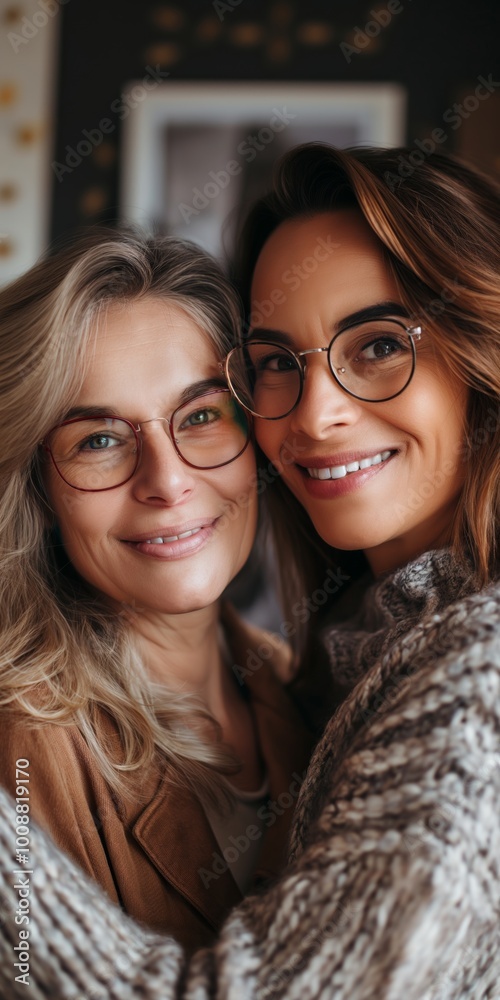 A senior mother and daughter together, both wearing eyewear and smiling happily. A senior mother and daughter together, both wearing eyewear and smiling happily.