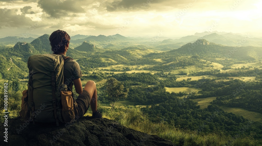 A weary traveler with a backpack sits on a rocky ledge, gazing out over a stunning landscape of rolling hills and valleys during sunset A weary traveler with a backpack sits on a rocky ledge, gazing out over a stunning landscape of rolling hills and valleys during sunset