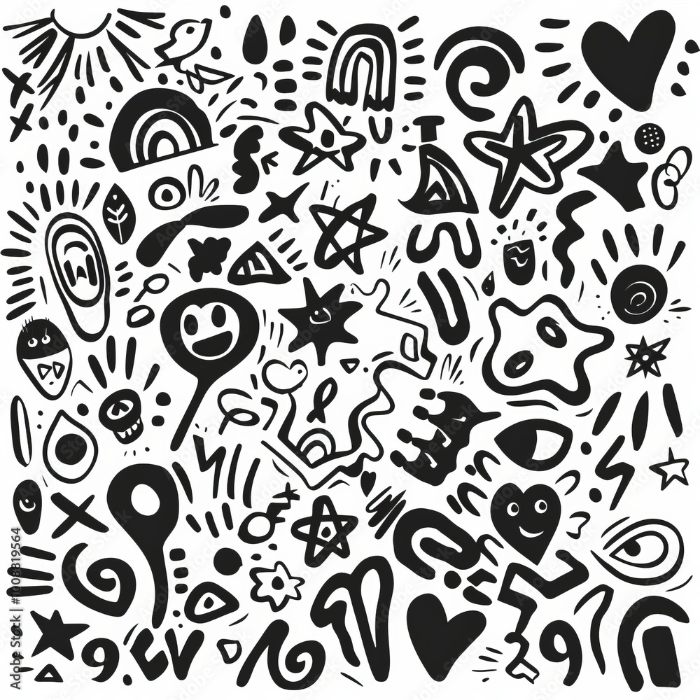 black abstract drawing various objects and figures.