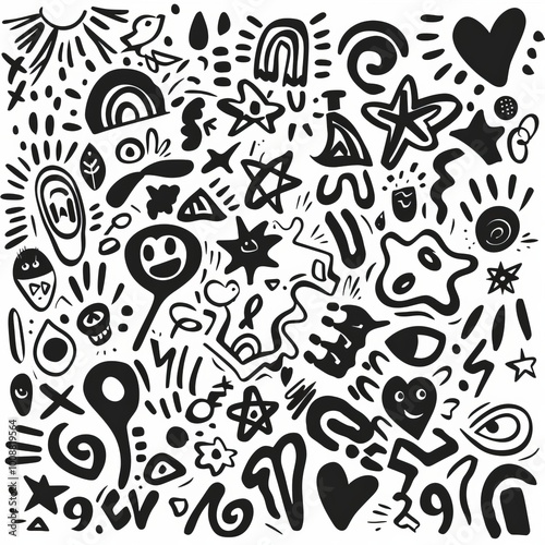 black abstract drawing various objects and figures.