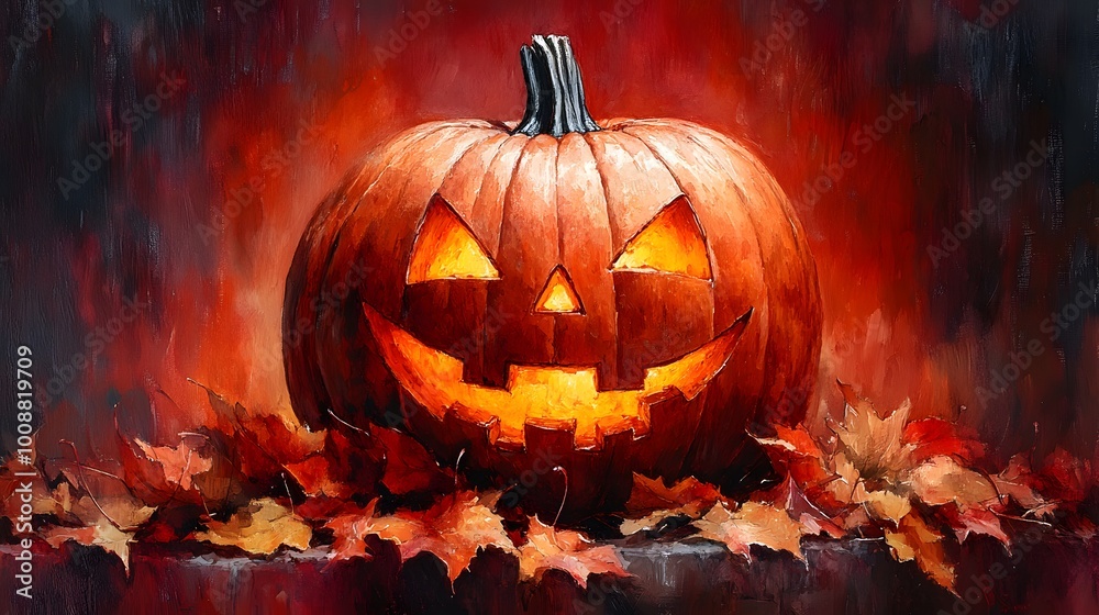 Fototapeta premium Smiling pumpkin surrounded by fall leaves, watercolor-style background enhancing the Halloween scene