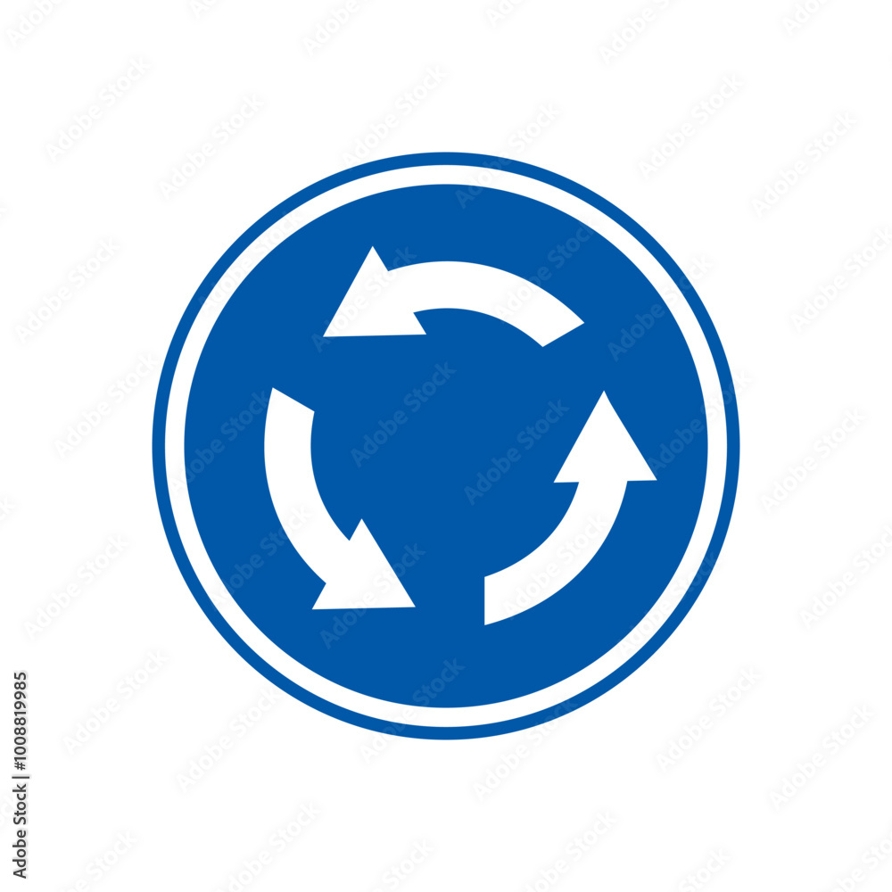 Roundabout direction sign. Road blue sign. Vector illustration flat design. Isolated on white background. Roundabout direction sign. Road blue sign. Vector illustration flat design. Isolated on white background.