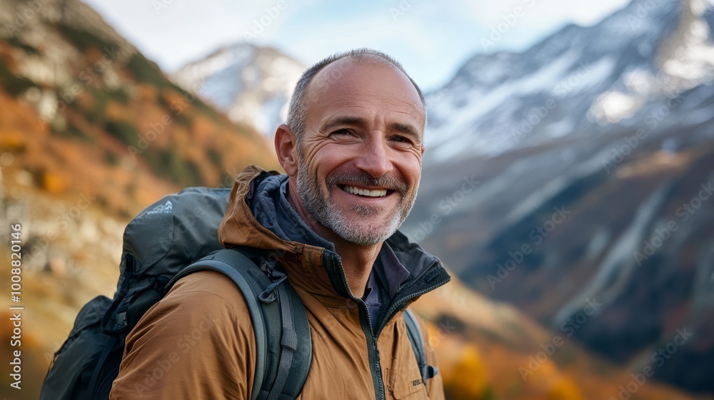An old person or a hiker smiling in the middle of a hiking trip with a background shot of tall mountains and lush forest, adventure and exploration, discovery, professional photography An old person or a hiker smiling in the middle of a hiking trip with a background shot of tall mountains and lush forest, adventure and exploration, discovery, professional photography