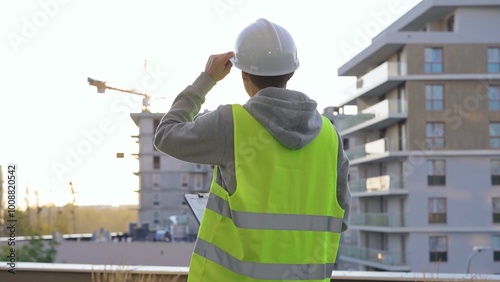 Male constructive engineer with a white protective helmet and safety vest is writing on a clipboard while inspecting a construction site at sunset. Architect concept