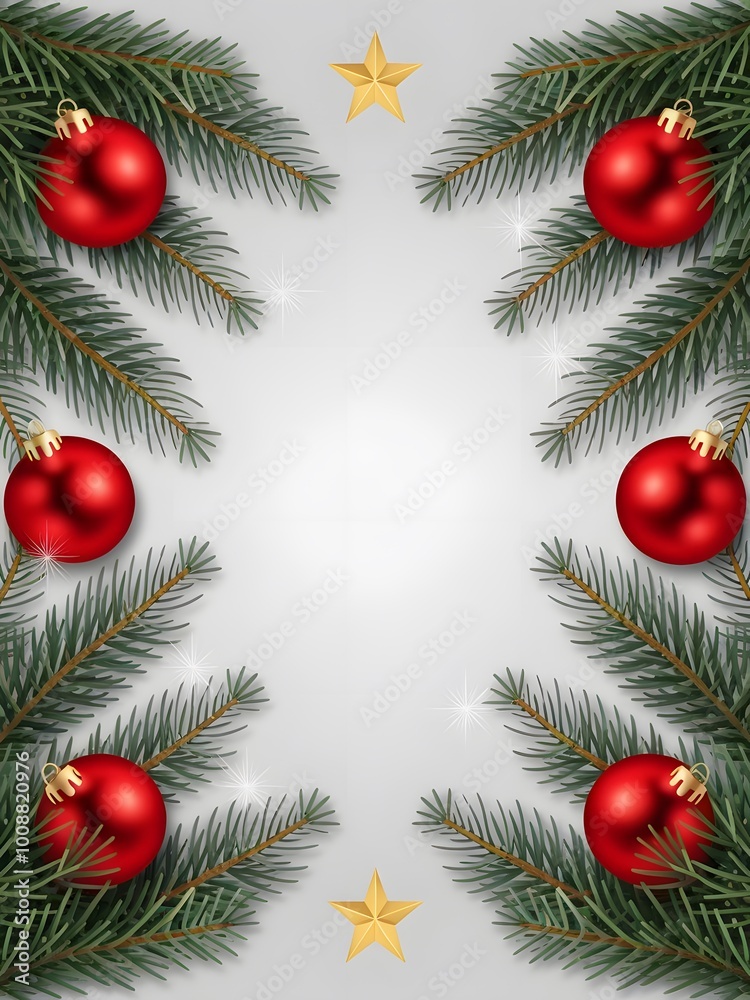 A Christmas-themed frame with fresh green fir branches decorated with vibrant red ornaments A Christmas-themed frame with fresh green fir branches decorated with vibrant red ornaments