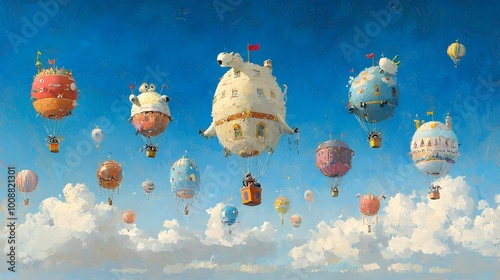 Whimsical oil painting depicting imaginative air balloons shaped like fantastical creatures floating above a vibrant colorful carnival scene  The surreal