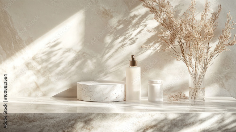 A skincare product display on a marble platform, with soft highlights and a luxurious, clean finish to emphasize the product's packaging and brand. A skincare product display on a marble platform, with soft highlights and a luxurious, clean finish to emphasize the product's packaging and brand.