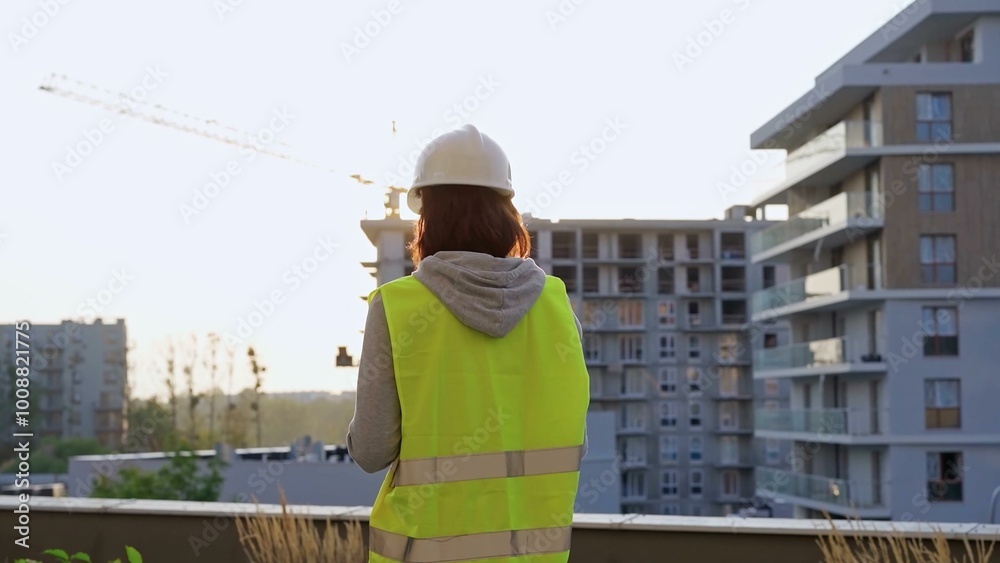 Construction female engineer taking notes and writing on clipboard while inspecting a building site at sunset Construction female engineer taking notes and writing on clipboard while inspecting a building site at sunset