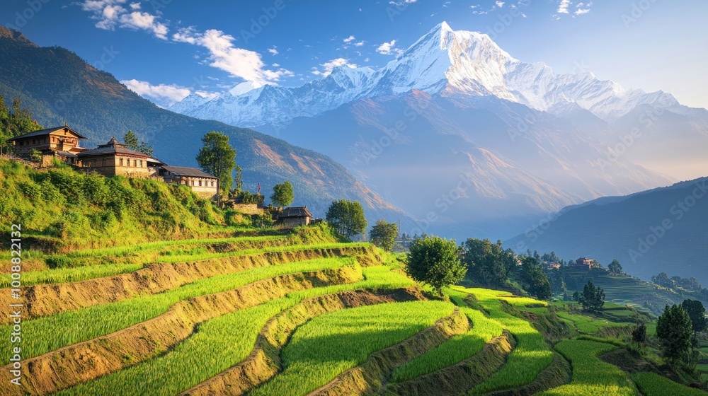 Fototapeta premium Sunrise Over Rice Terraces in the Himalayas